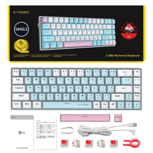 E-YOOSO Z686 Monochrome Compact Mechanical Keyboard with Ice Blue Backlit