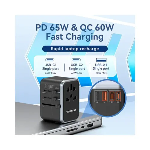 VENTION FJFB0 4-Port 65W GaN Universal Travel Adapter - Black VENTION FJFB0 4-Port 65W GaN Universal Travel Adapter - Black