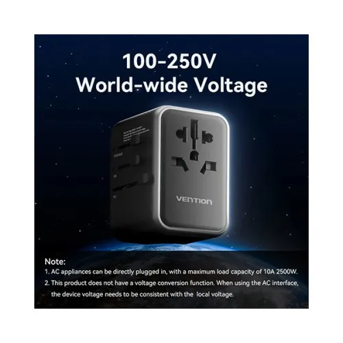 VENTION FJFB0 4-Port 65W GaN Universal Travel Adapter - Black VENTION FJFB0 4-Port 65W GaN Universal Travel Adapter - Black