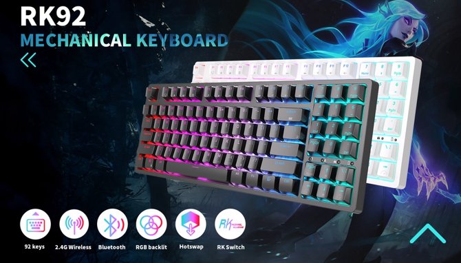 RK Royal Kludge RK92 Tri-Mode Hot Swap RGB Wireless Mechanical Keyboard