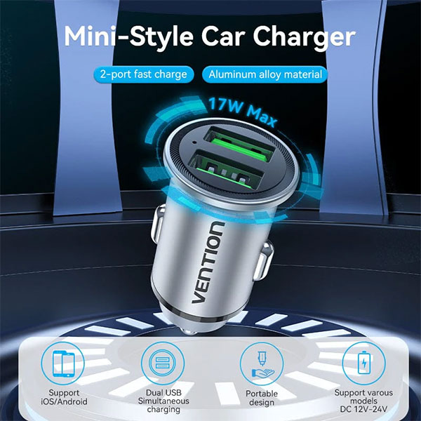 Vention FFAH0 Two-Port USB A 18W Car Charger