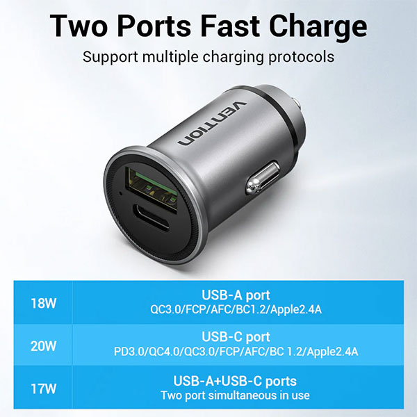 Vention FFBH0 Two-Port USB Car Charger